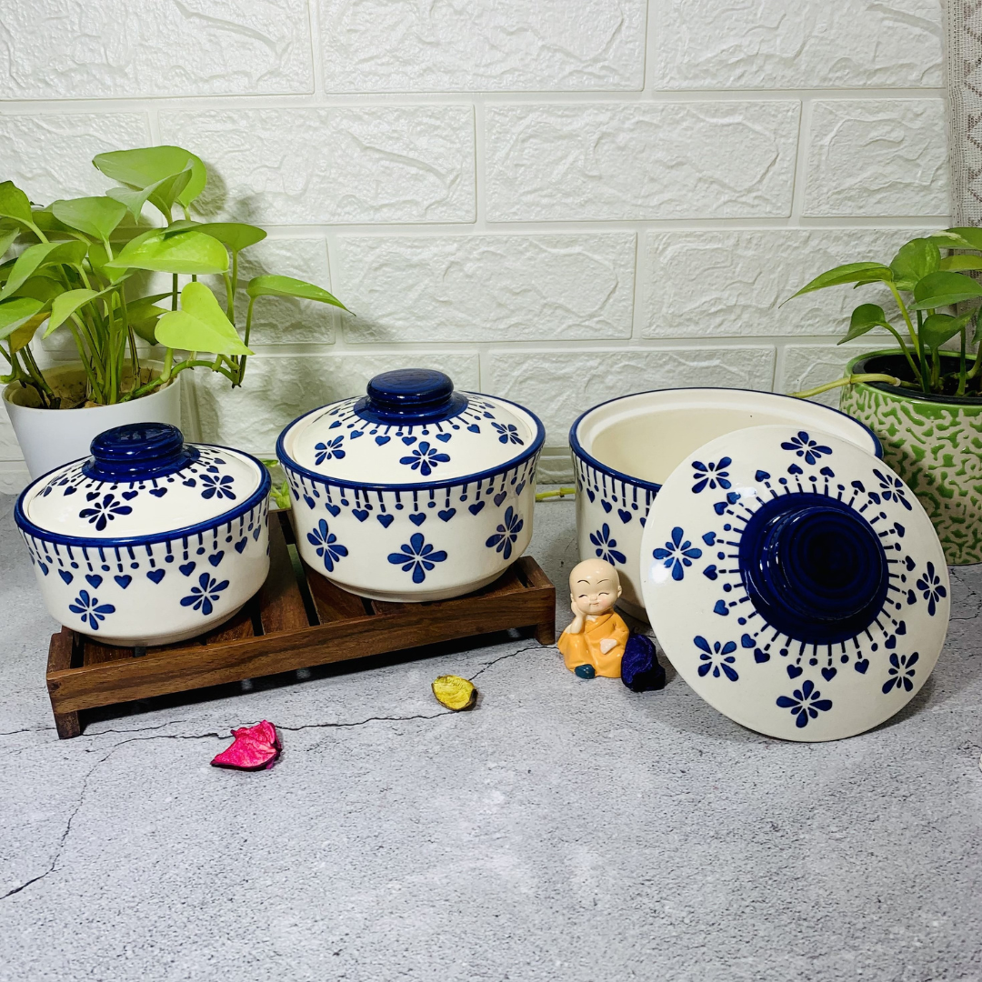 Homefrills Ceramic 3 Pcs Handprinted Multipurpose Storage Ceramic Jars & Containers/Casseroles/Donga/Serving Bowl With Lid Microwave & Dishwasher Safe- Set Of 3 Colour- Blue, 1000 ML